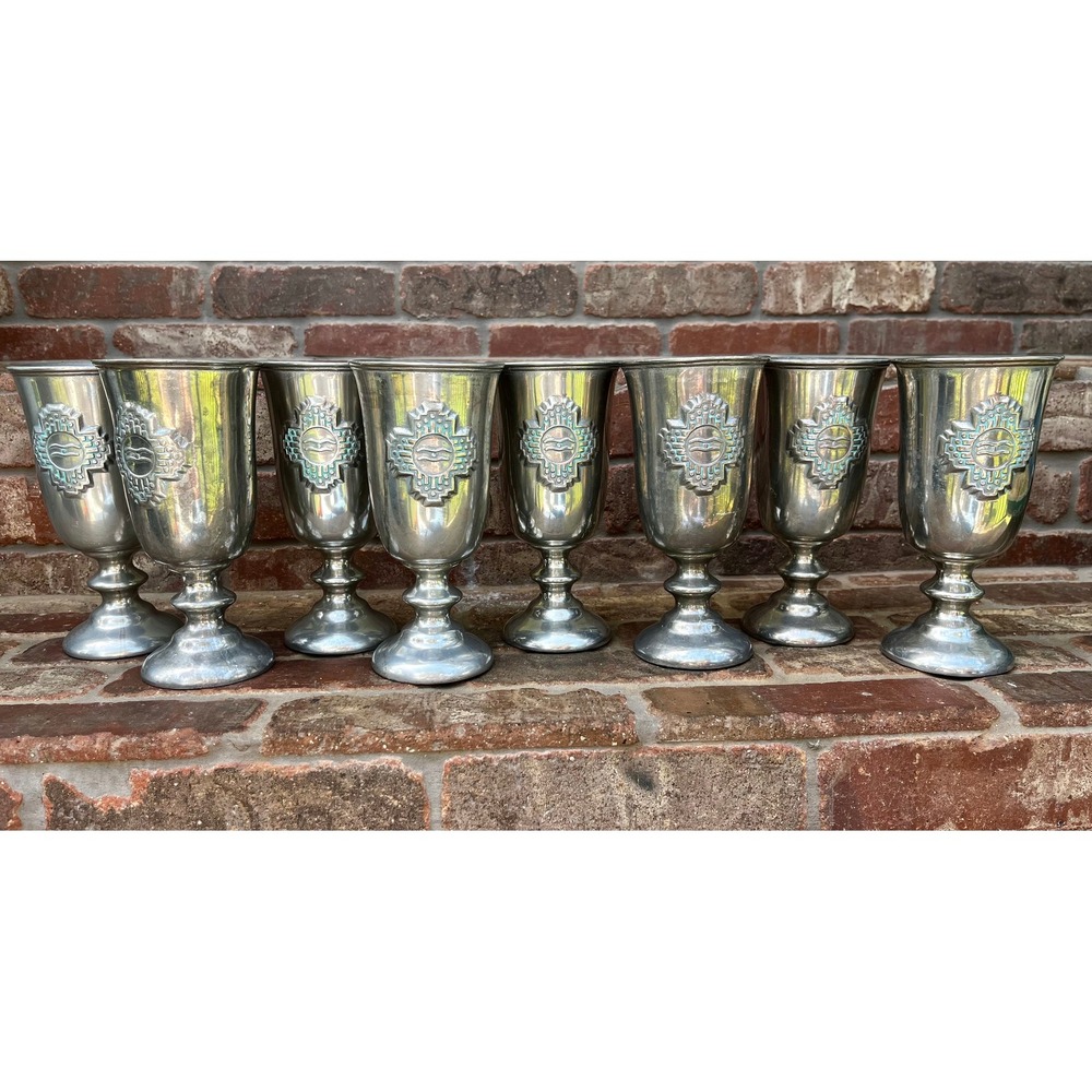 Vtg 70s Wilton Armetale Zia Turquoise Pewter Like Goblets Set of 8 Made in USA